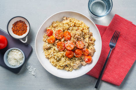 Risotto fondente alla carne macinata e pomodorini