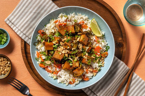 Riso al latte di cocco, tofu e porri