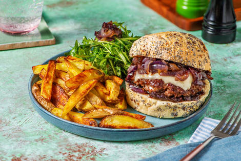 Burger de bœuf, emmental & oignons confits