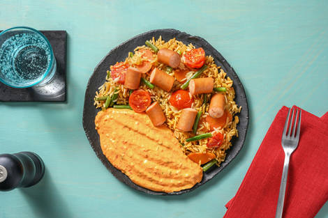 Bunte Reispfanne mit Wiener Würstli