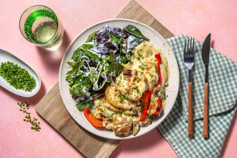 Kartoffel-Gratin mit Paprika und Champignons