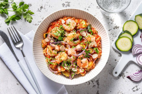 Orzo aux crevettes à l'ail et herbes fraîches