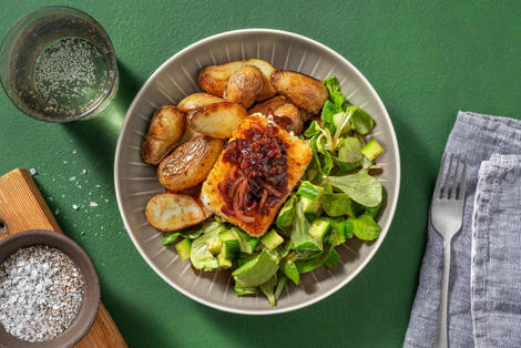 Fromage grec pané et grenailles poêlées