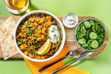 Mijoté de lentilles à l'indienne et pain naan