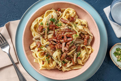 Fettuccine mit Kräuterseitlingen & extra Bacon