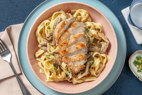 Fettuccine mit Kräuterseitlingen & extra Bio-Hähnchen