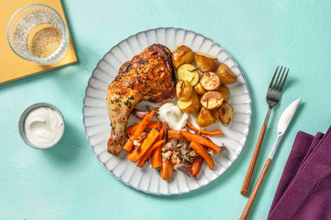 Hähnchenkeule mit Harissa-Honig-Karotten