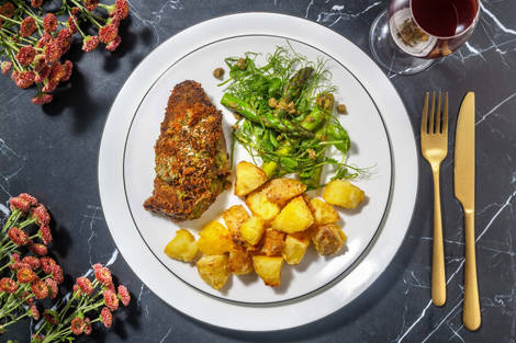 Pesto Crusted Lamb Steak and Roast Potatoes