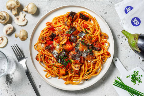 Roasted Aubergine and Mushroom Linguine