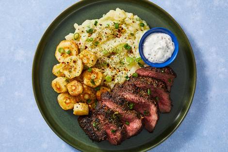 Montreal-Spiced Striploin Steak and Garlic Mashed Potatoes