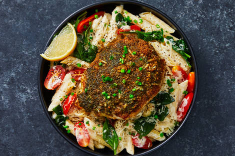 Pesto-Parmesan Turkey with Creamy Veggie Alfredo