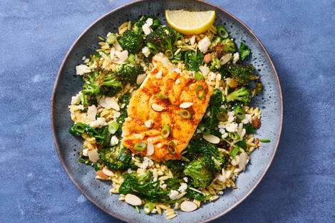 Romesco Cod with Broccoli, Spinach & Feta Orzo