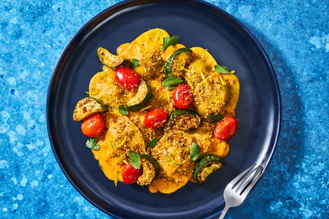 Silky Spinach Ravioli with Lemony Zucchini