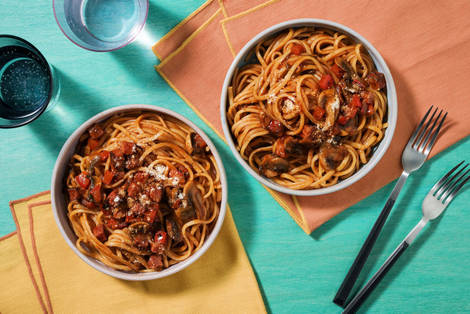 Charred Pepper, Mushroom and Chorizo Linguine
