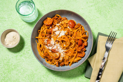 Chorizo,  Irish Chicken and Cherry Tomato Linguine