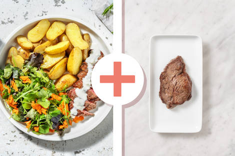 Manzo piastrato, patate novelle e caprino