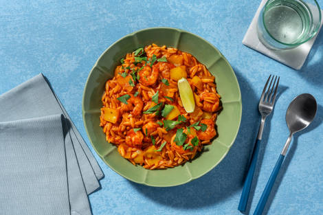 Paella-style Prawn and Chorizo Orzo with Halloumi