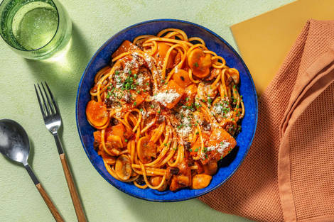 Roasted Pepper, Mushroom and Chorizo Linguine