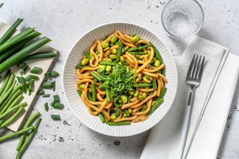 Udon ai fagiolini, mazzancolle ed edamame