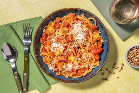 Roasted Pepper, Mushroom and Chorizo Linguine