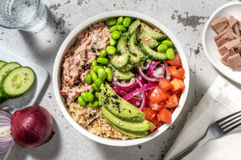 Bowl à l'avocat, thon et furikake