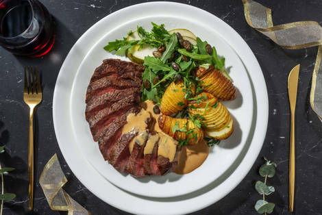 Stekt rumpstek och krämig rödvinssås