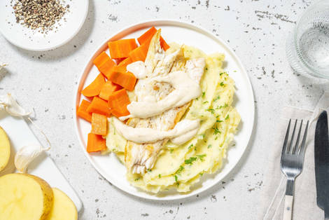 Seelachs mit Kartoffelpüree und Senfrahm