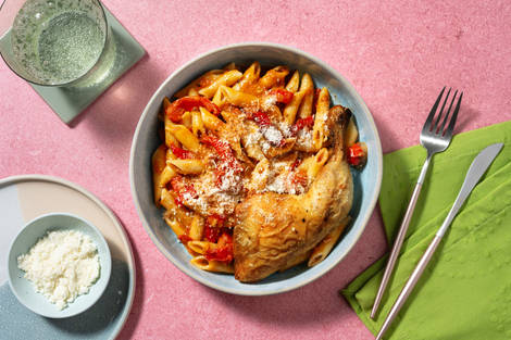 Cuisse de poulet rôtie & penne pesto rosso