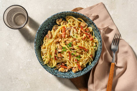 Linguine crémeuses aux champignons et lardons