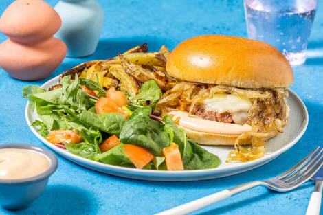Loaded Cheesy Plant-Based Burger and Fries