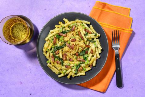 Pesto Bacon Mac and Peas