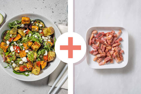 Warm Pesto Roasted Veg and Bacon Salad