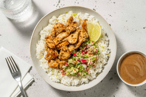 Limettenreis Bowl mit spicy Garlic-Chicken