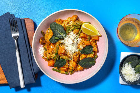 Risoni mit Hokkaido, Buschbohnen und Pilzen