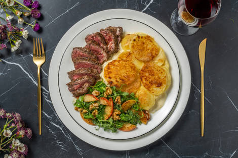 Pepper Crusted Venison and Dauphinoise Potatoes