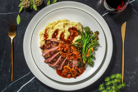 Venison Steak and Bacon Bourguignon Sauce