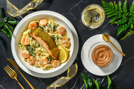 NYE Pesto Salmon on Creamy King Prawn Linguine