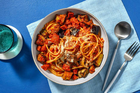 Chorizo and Roasted Aubergine Spaghetti
