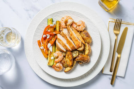 Knoblauch-Garnelen und Cajun Hähnchen