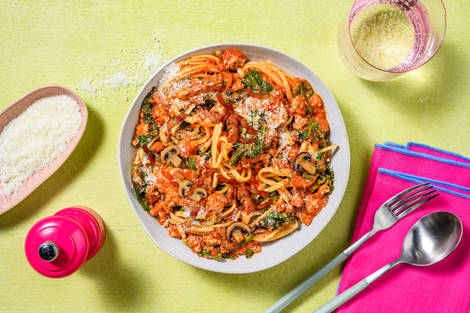 Speedy Herby Sausage and Bacon Linguine