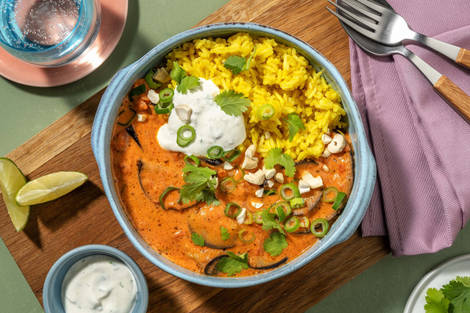 Curry d'aubergine épicé et riz jaune