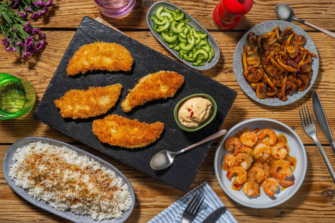 Aziatische surf & turf: zoet-pittige chili-garnalen en krokante kip