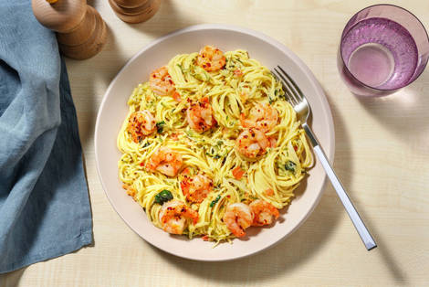 Pasta med chili- och vitlöksstekta räkor 