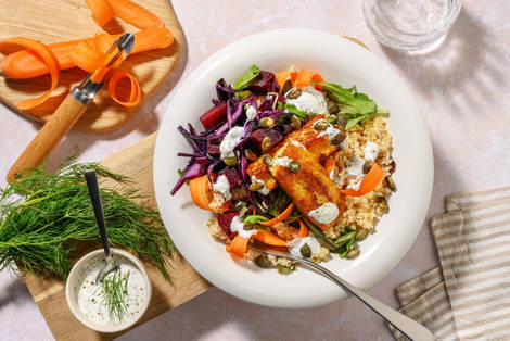 Pannestekt halloumi og bulgursalat