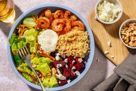 Lättlagad kryddig räk- och bulgurbowl med extra lax