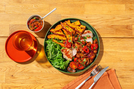 Pork Steak and Chorrillana Style Chorizo Sauce