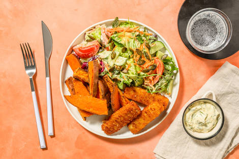 Vegetarische vissticks met zoete-aardappelwedges