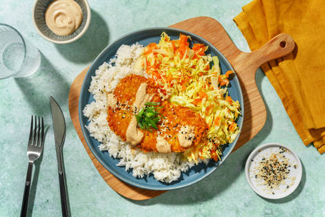 Escalope panée végé sur riz à l'ail et au gingembre