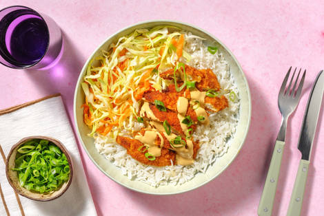 Krokante kipschnitzel met knoflook-gemberrijst