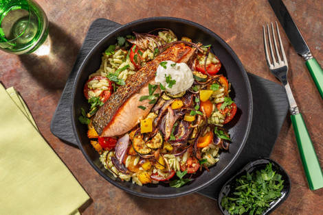 Seared Double Salmon with Tomato-and-Pesto Orzo